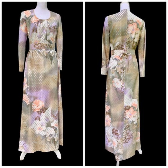VINTAGE 70’s Belted Floral Maxi Gown Metallic Dot - Picture 2 of 15